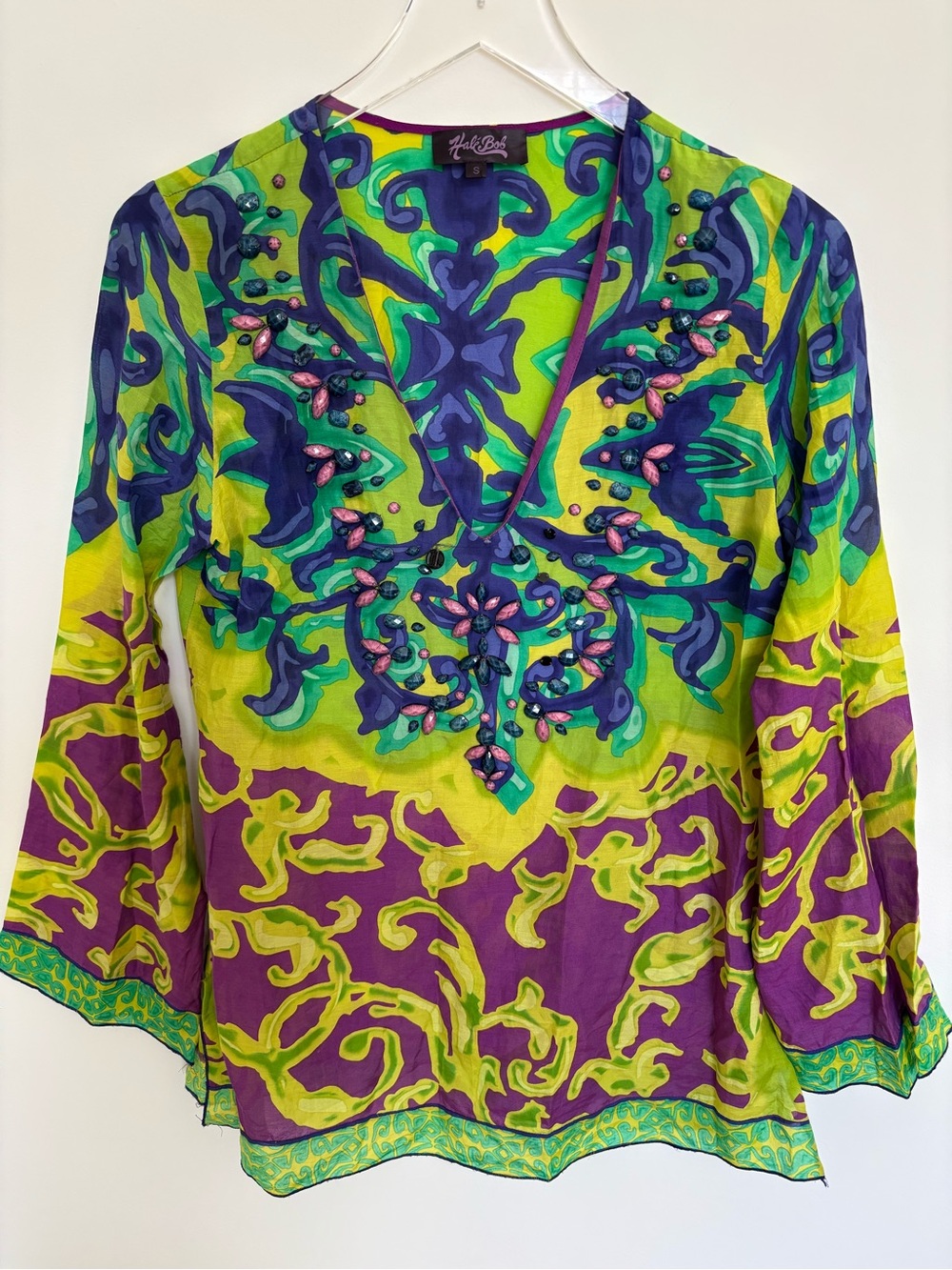 Hale Bob Beaded V-Neck Tunic - Lime Green & Purple